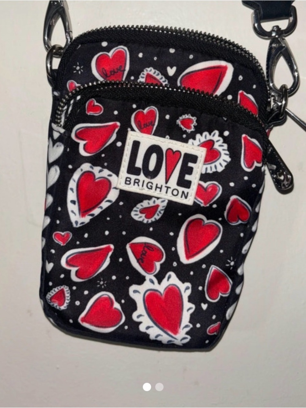 Brighton Black Crossbody Pouch with Red Heart Print
